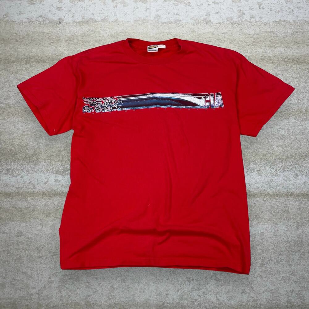 Vintage Y2K CIA Shirt Mens L Crimson Red Crazy Wave Graphic Short Sleeve Skater